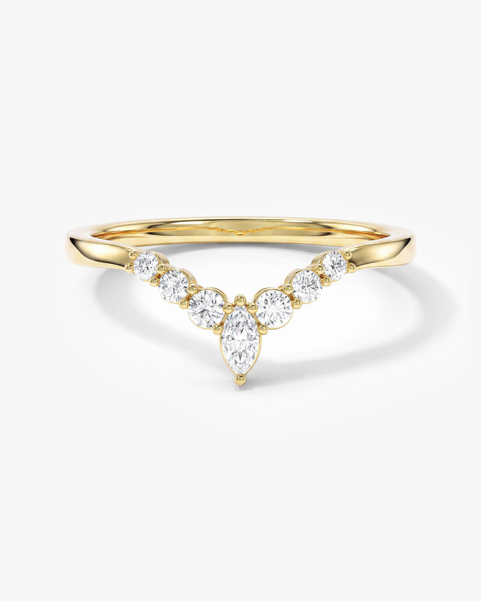 Marquise moissanite vintage tipped curved wedding band in yellow gold, front view