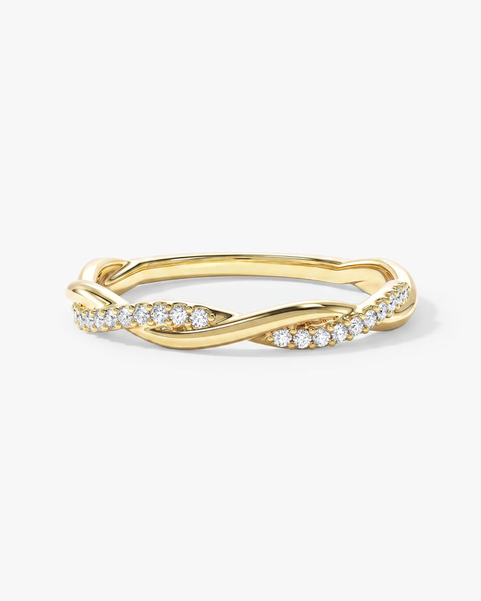 Round moissanite twisted vine wedding band in yellow gold, front view