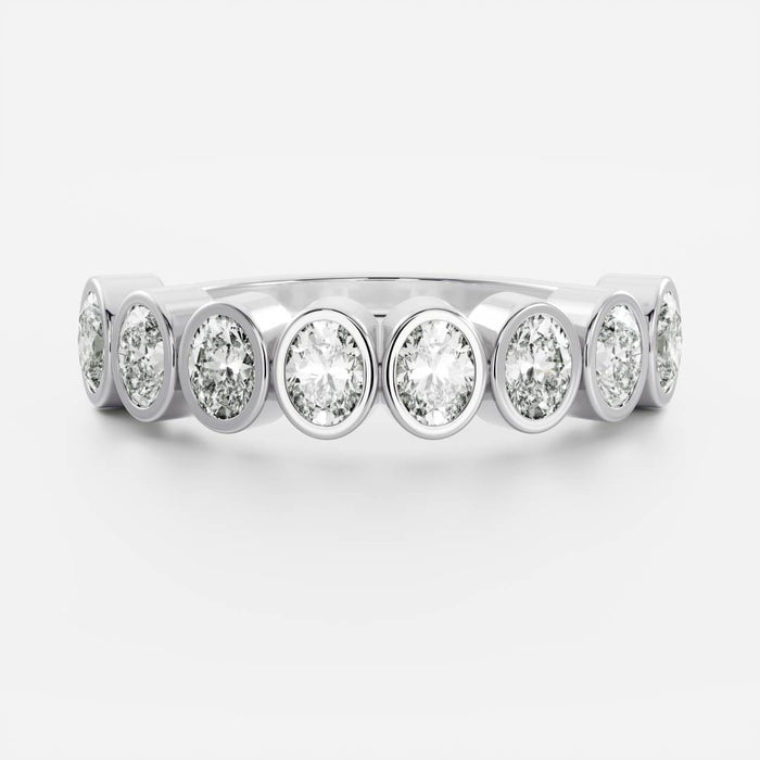 Oval moissanite bezel half eternity wedding band in white gold, front view