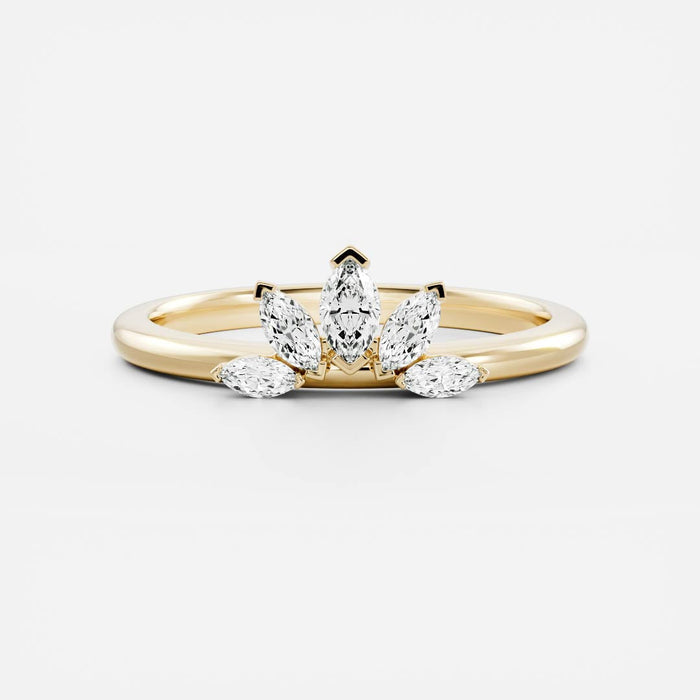 Marquise moissanite curved cluster wedding band in yellow gold, front view
