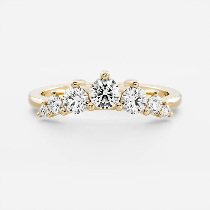 Round moissanite curved wedding band in yellow gold, front view