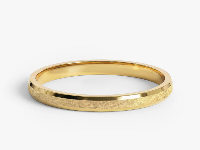 2mm beveled edge wedding band with ice matte finish in yellow gold