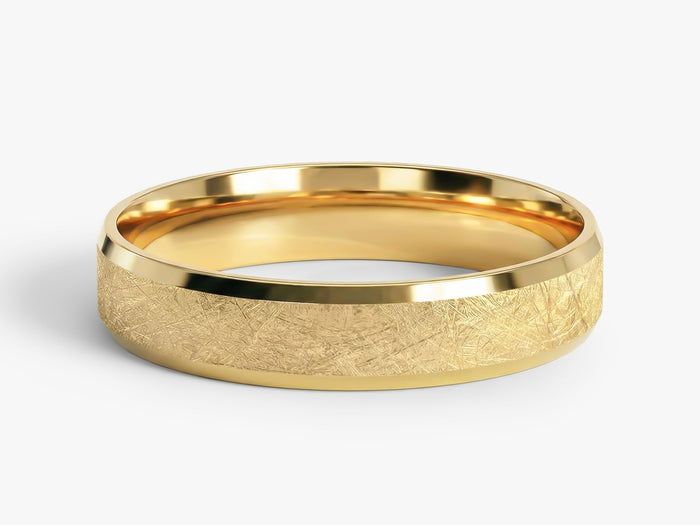 4mm beveled edge wedding band with ice matte finish in yellow gold