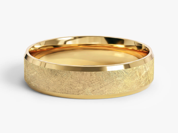 5mm beveled edge wedding band with ice matte finish in yellow gold
