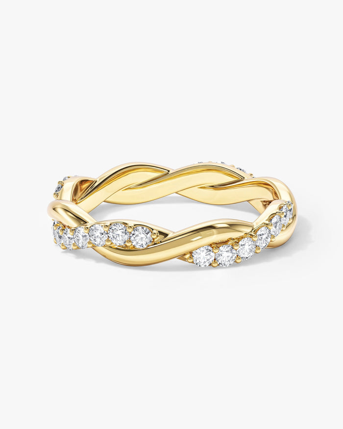 Round moissanite twisted vine eternity wedding band in yellow gold, front view