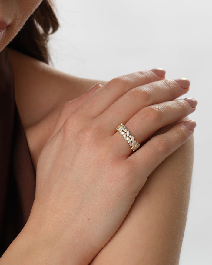 Marquise and round moissanite double row band worn on the hand
