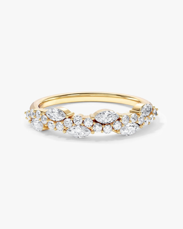 Marquise moissanite vine wedding band in yellow gold, front view