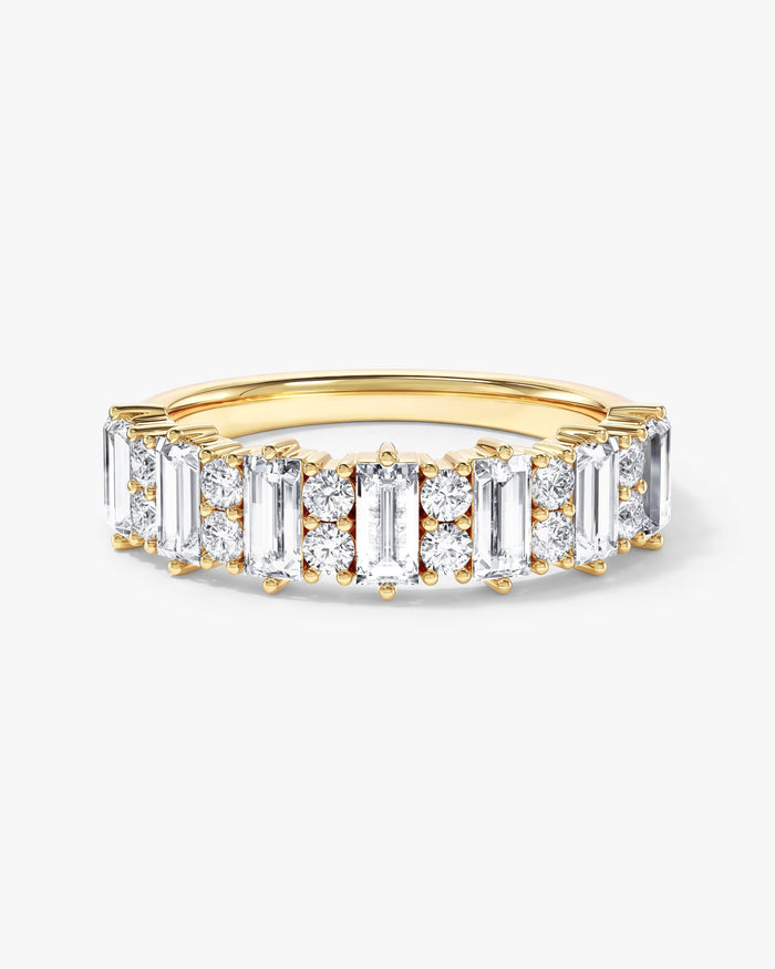 Baguette moissanite pillar wedding band in yellow gold, front view