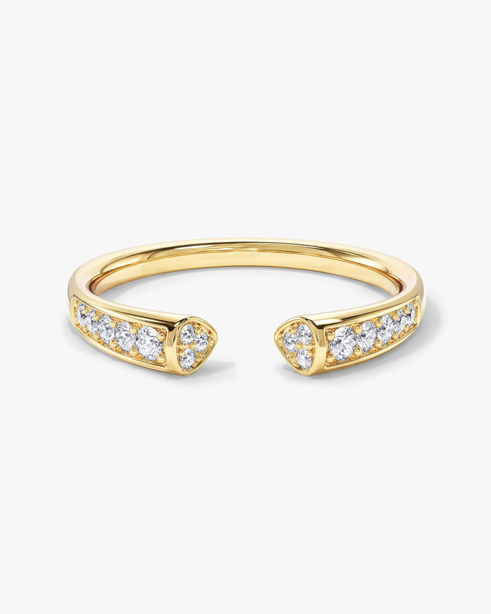 Round moissanite milgrain open wedding band in yellow gold, front view