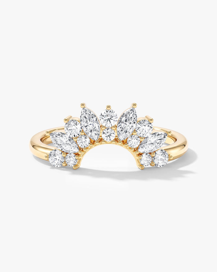 Marquise and round moissanite arched crown wedding band in yellow gold
