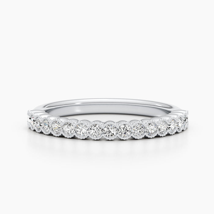 Round moissanite milgrain half eternity wedding band in white gold