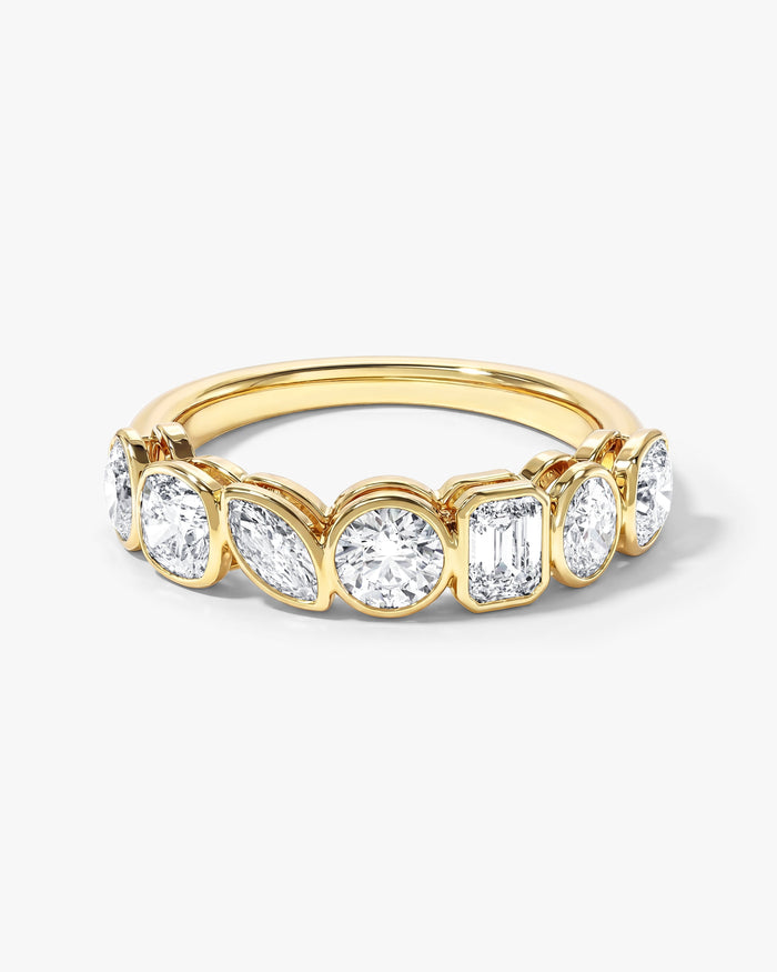 Mosaic bezel wedding band with mixed shape moissanite in yellow gold, front view