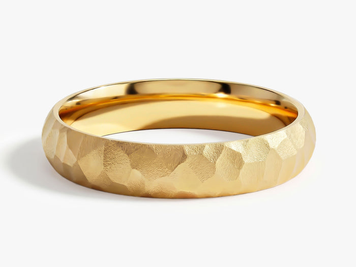 4mm hammered dome wedding band in yellow gold, front view