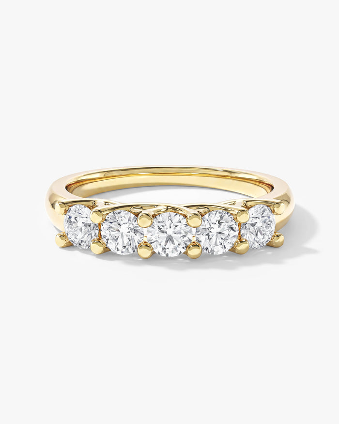 Round moissanite five stone trellis anniversary wedding band in yellow gold, front view