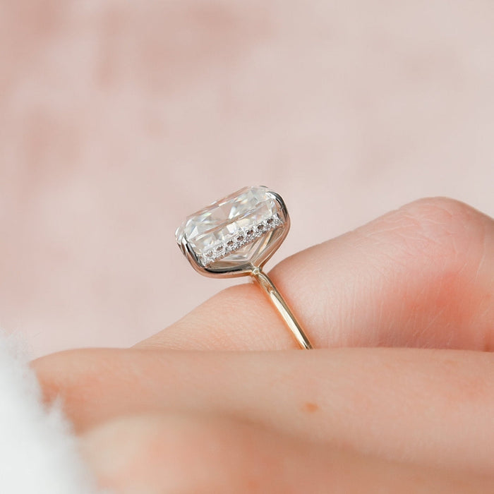 Cushion cut lab grown diamond Art Nouveau anniversary ring, angled view