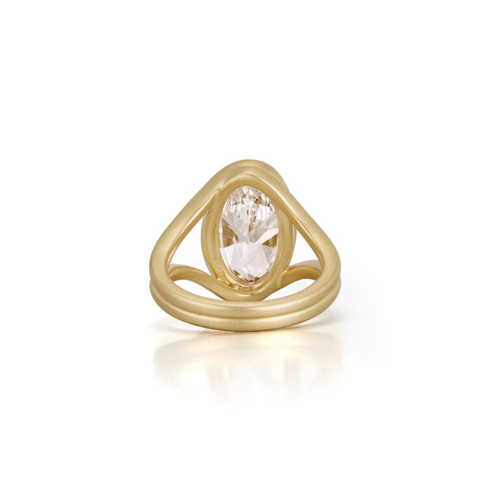 Rear view of the sculptural open split shank on a marquise lab grown diamond ring