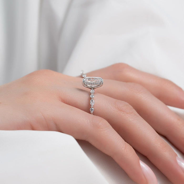 Side view of the pave hidden halo under the cushion centre diamond