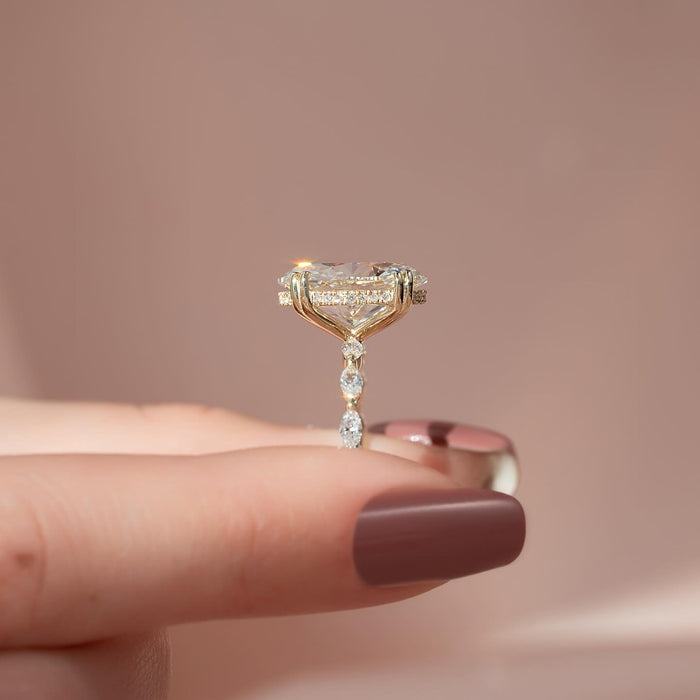 Round moissanite hidden halo marquise accent band ring profile