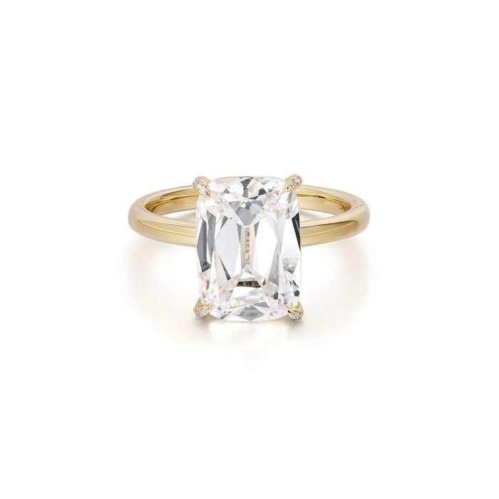 Old mine cut lab grown diamond ring with diamond set claws in 14K yellow gold