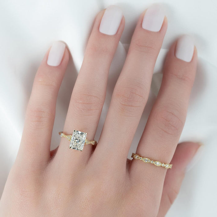 Radiant cut lab grown diamond vintage style ring worn on the hand