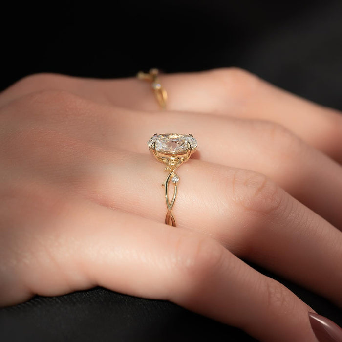 Side view of oval moissanite vine band solitaire ring