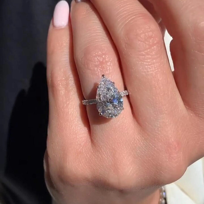 Pear Cut Moissanite Hidden Halo Pave Solitaire Ring in 14K Gold — Mapple Gems