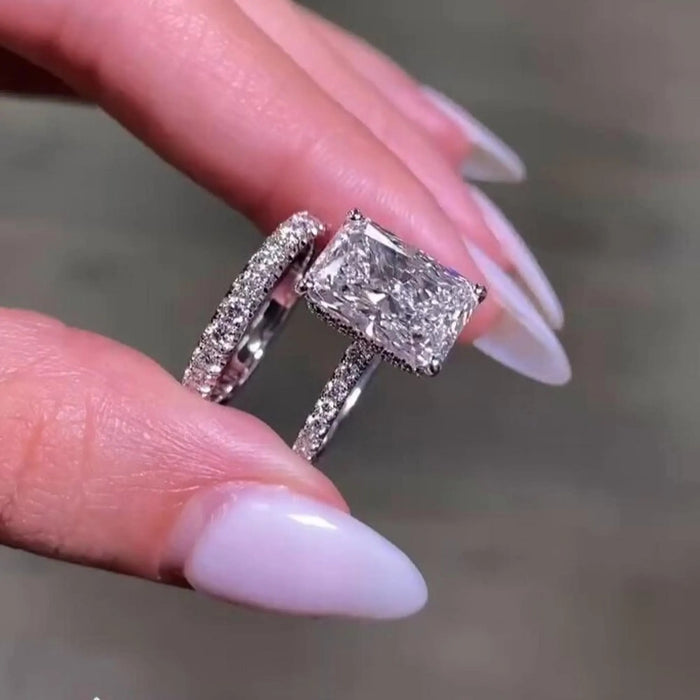 Radiant Cut Moissanite Hidden Halo Pave Bridal Set in 14K Gold — Mapple Gems