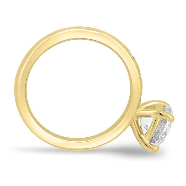 Round cut lab grown diamond four claw ring with flush set accent band