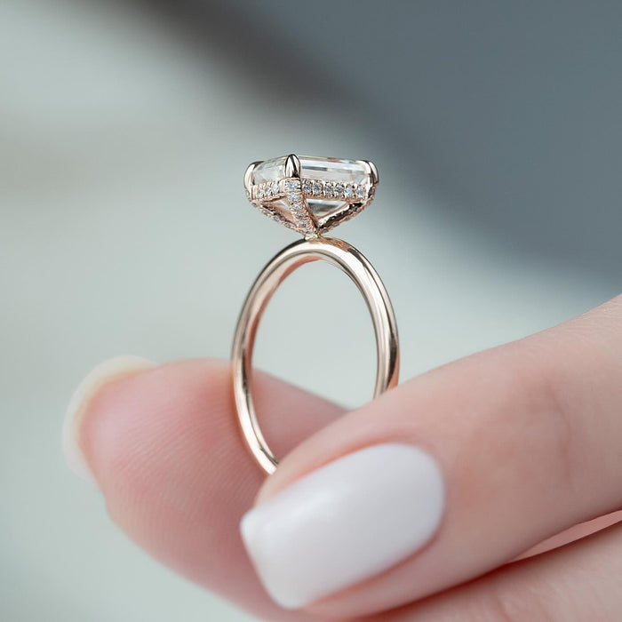 Emerald cut lab grown diamond rose gold solitaire shown from another angle