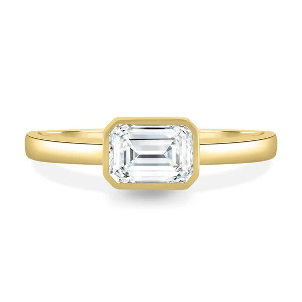 East west full bezel emerald cut diamond ring side profile