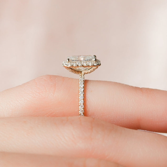 Radiant cut lab grown diamond Victorian engagement ring, angled view