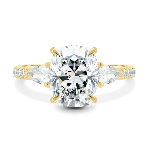 Cushion trilogy lab grown diamond ring trapezoid side stone detail