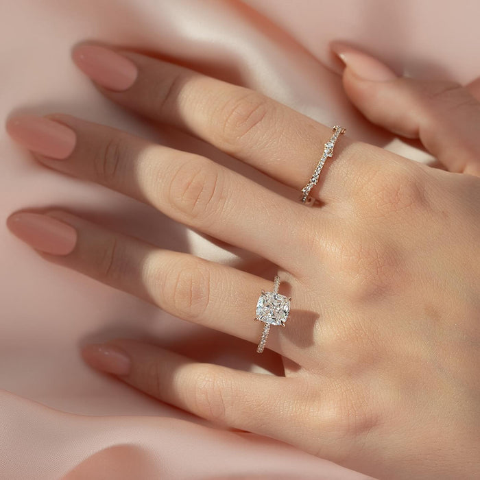 Square cushion cut lab grown diamond ring with pave shoulders in rose gold