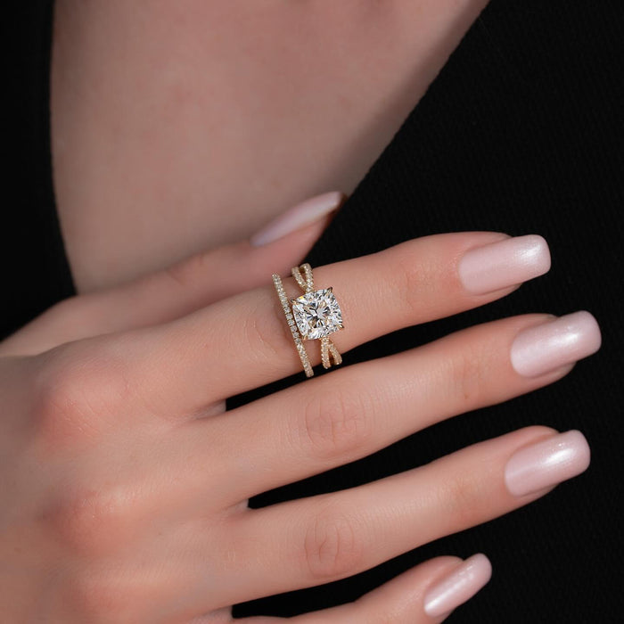 Cushion cut bridal ring set with matching pave wedding band worn together
