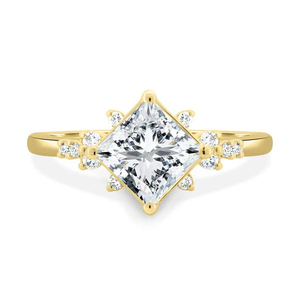 Princess cut lab grown diamond kite set ring with scattered round accents