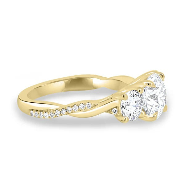 Twisted two strand pave band three stone diamond ring detail