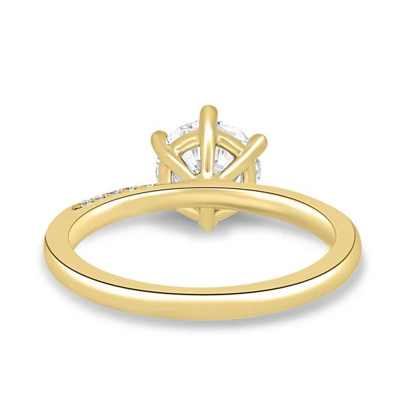 Round cut lab grown diamond six claw solitaire ring with sweeping micro pave