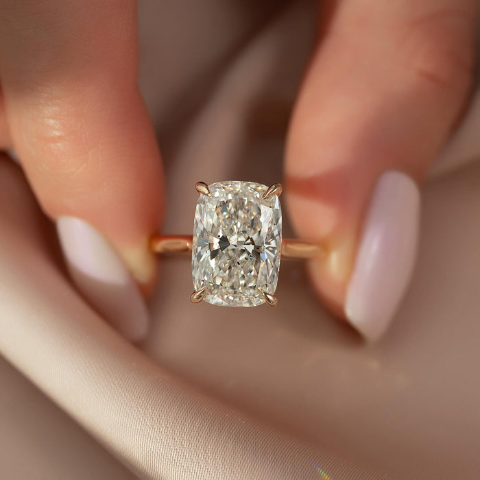 Elongated cushion diamond engagement ring detail view