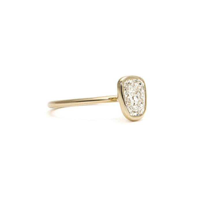 Old mine cut lab grown diamond bezel set solitaire ring side profile in 14K yellow gold