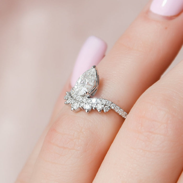 Pear cut lab grown diamond Art Deco engagement ring, angled view