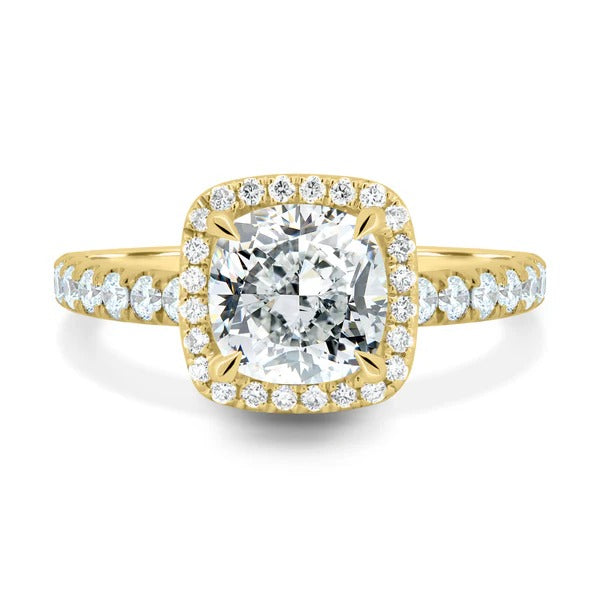 Cushion cut lab grown diamond cushion shaped halo ring with pave shoulders