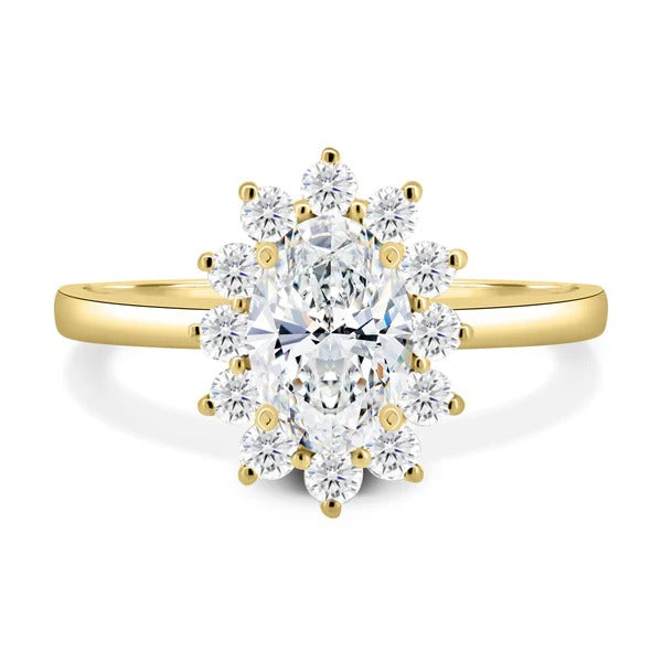 Oval diamond cluster halo ring detail view