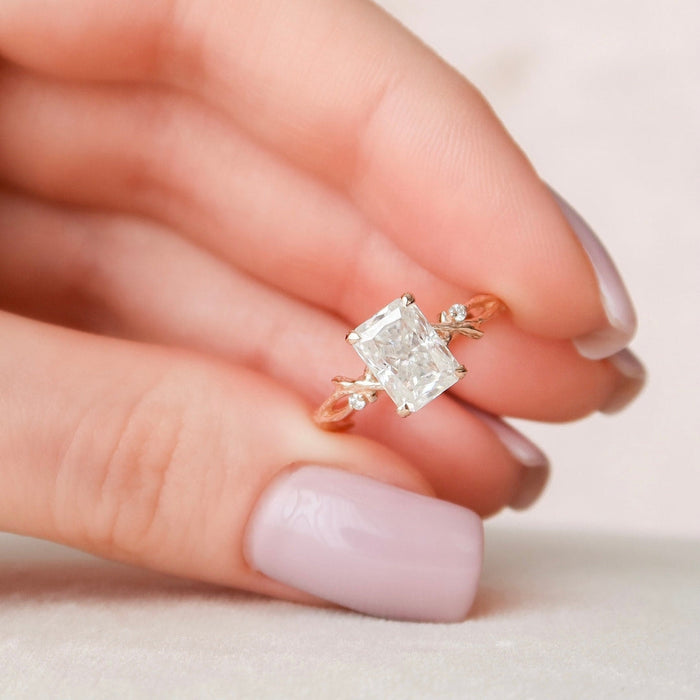 Radiant cut lab grown diamond Gothic anniversary ring, angled view