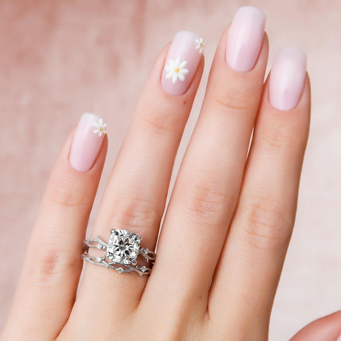 Carved twig bridal ring set worn on the hand
