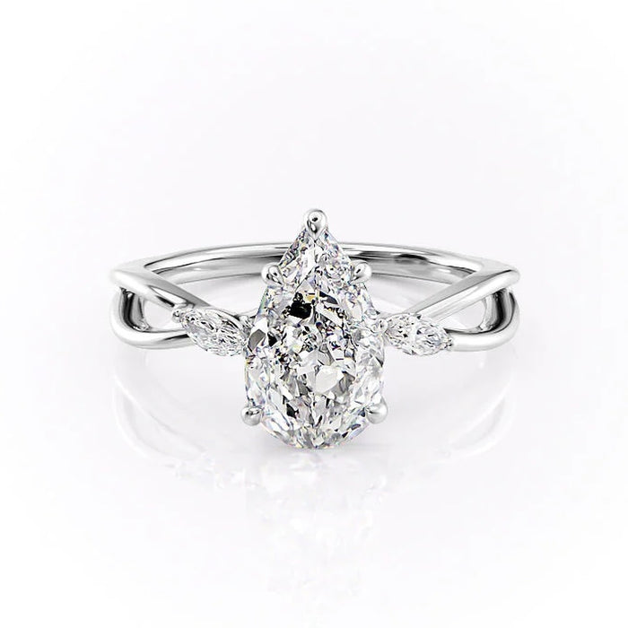 Pear cut lab grown diamond ring with marquise side stones on an infinity twist band