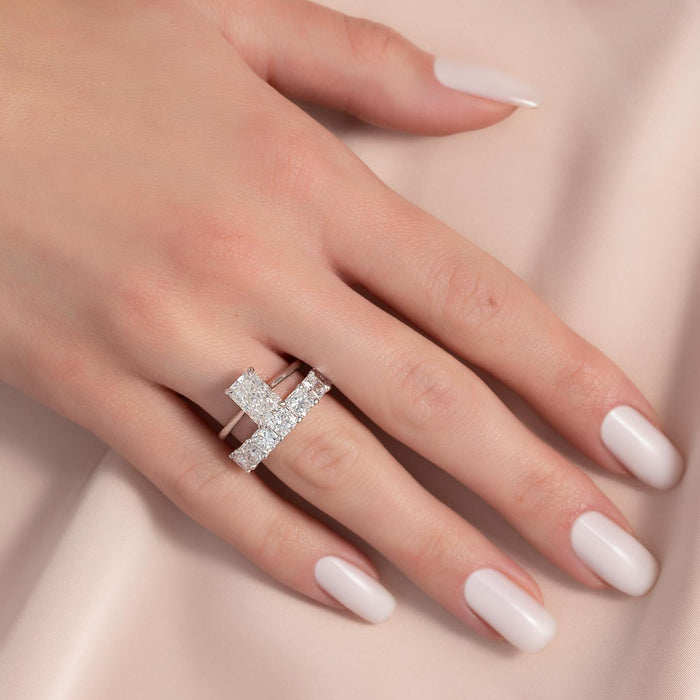 Two piece bridal set worn on the hand showing both rings stacked