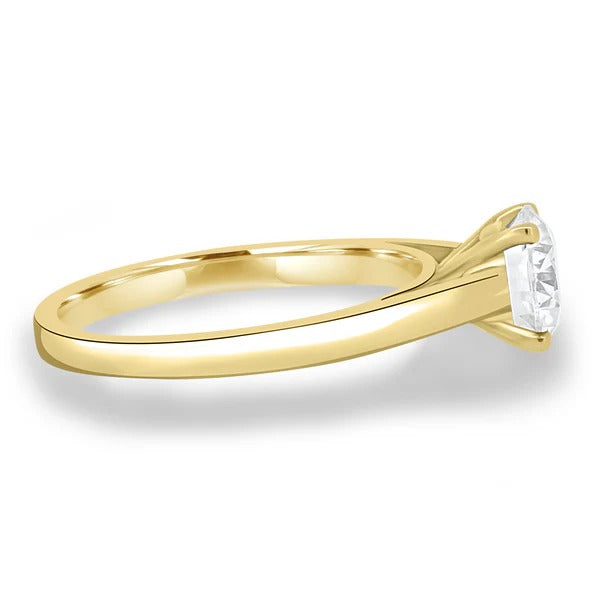Round cut lab grown diamond four claw cathedral solitaire ring