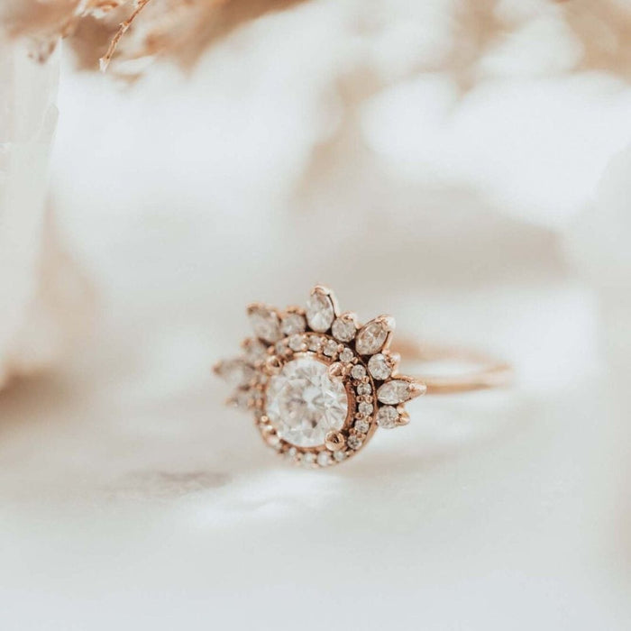 Round brilliant lab grown diamond minimalist engagement ring, angled view