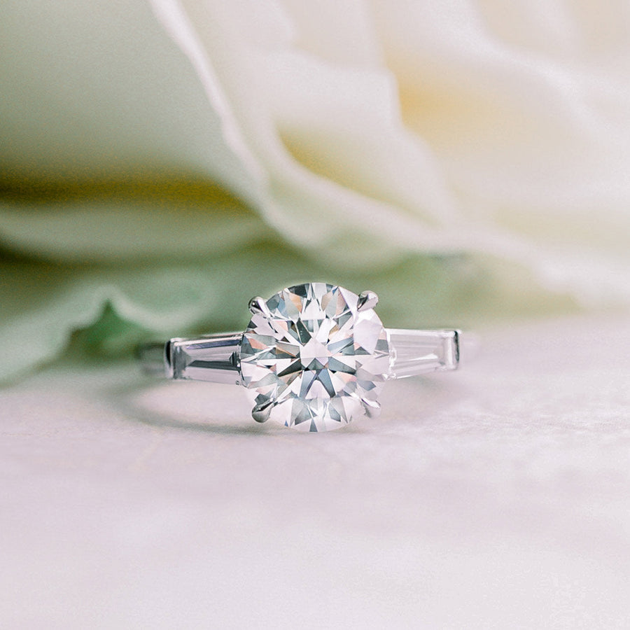 Round Cut Moissanite Tapered Baguette Three Stone Engagement Ring 2 CT to 5 CT - front view 1