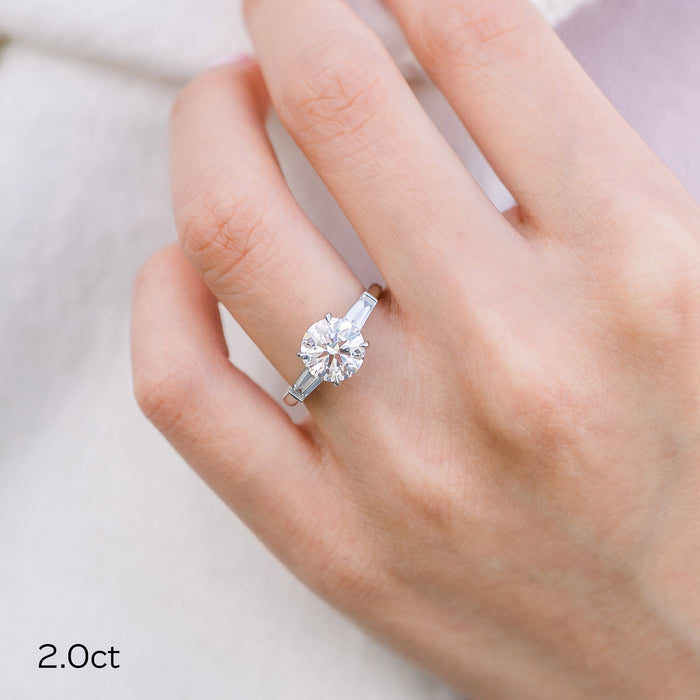 Round Cut Moissanite Tapered Baguette Three Stone Engagement Ring 2 CT to 5 CT - side view 2
